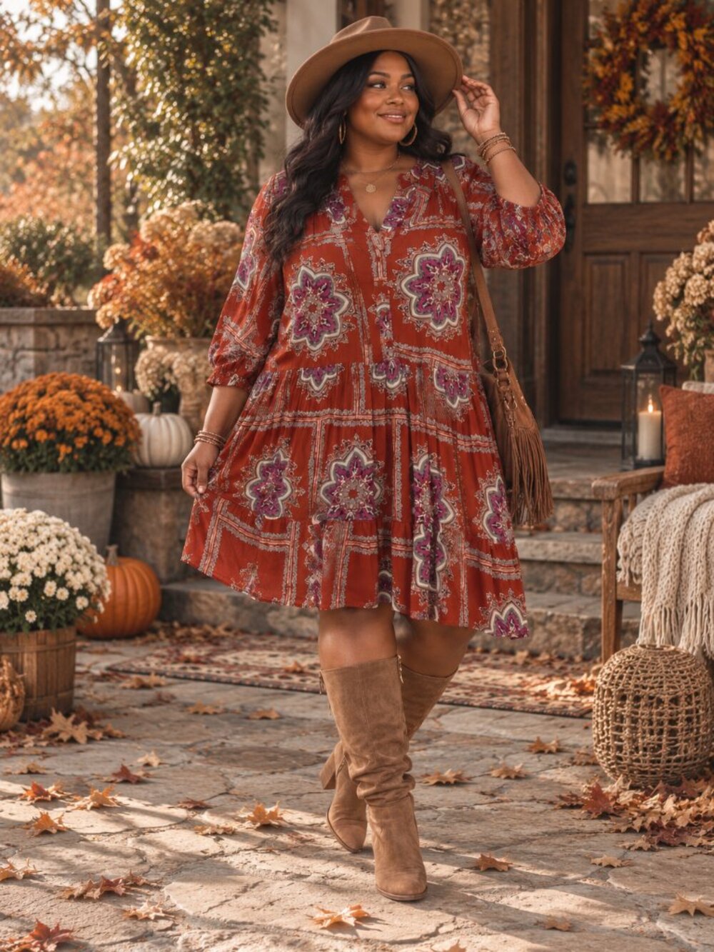 Boho Floral Tiered Midi Dress in Rust